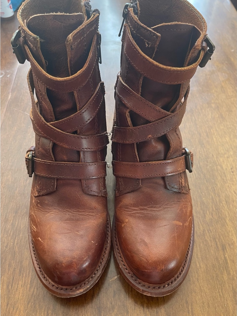 freebird Brown Leather Strapped Heeled Ankle Boots